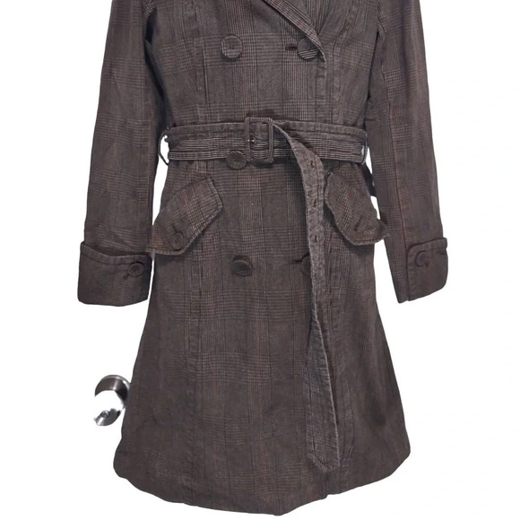 H&M Plaid Y2K Double Breasted Plaid Belt Tie And Pockets Trench Coat - Picture 10 of 16